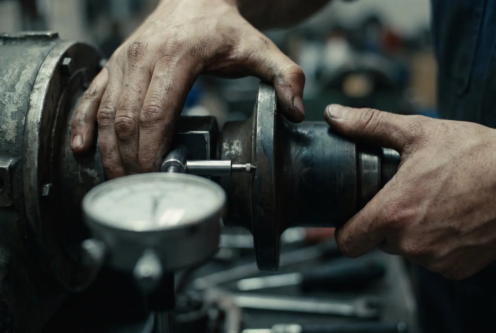 Technician checking shaft alignment on a gearbox coupling with a dial indicator