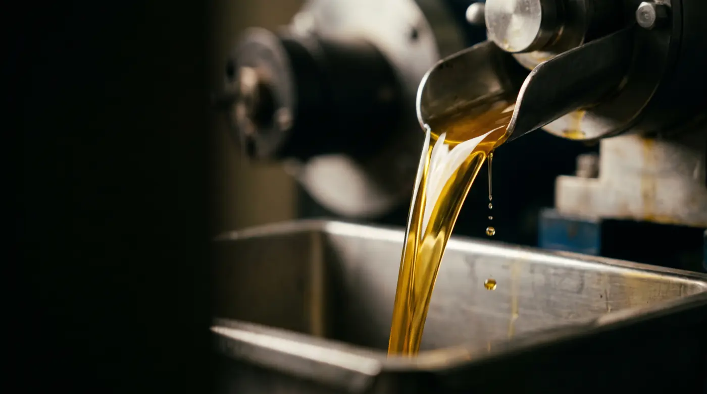 Golden groundnut oil pouring from the outlet of a cast-iron oil expeller into a steel trough