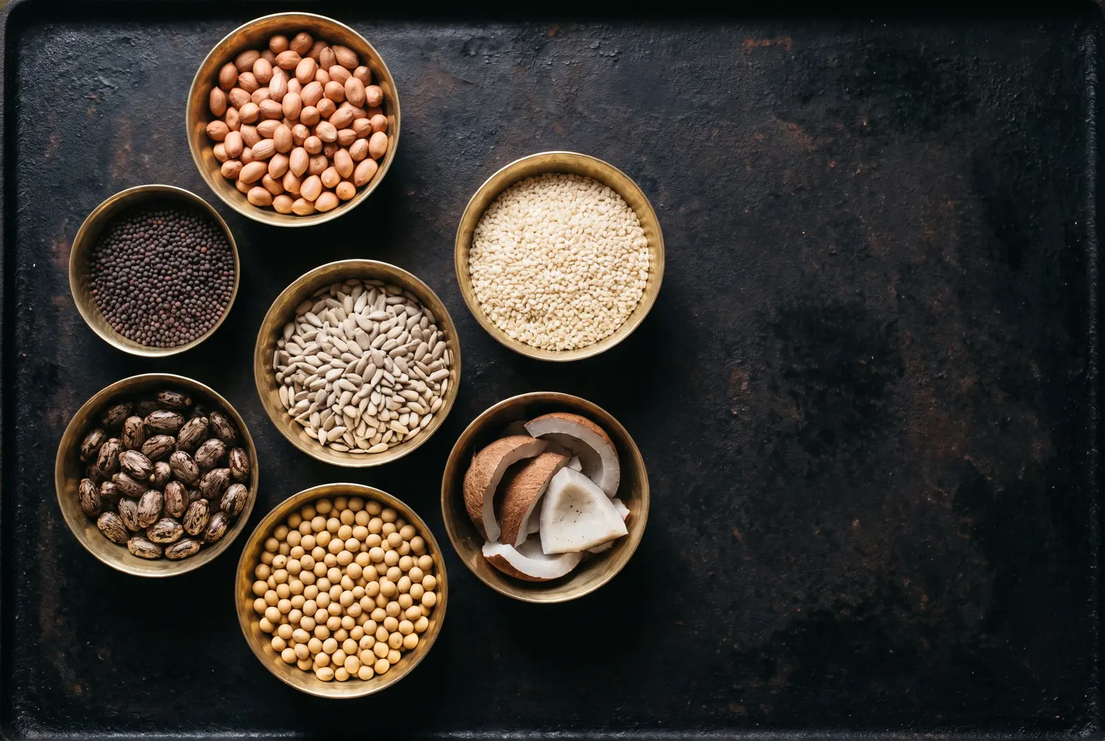 Groundnut, mustard, sesame, sunflower, castor, soybean and copra in brass bowls on a dark iron surface