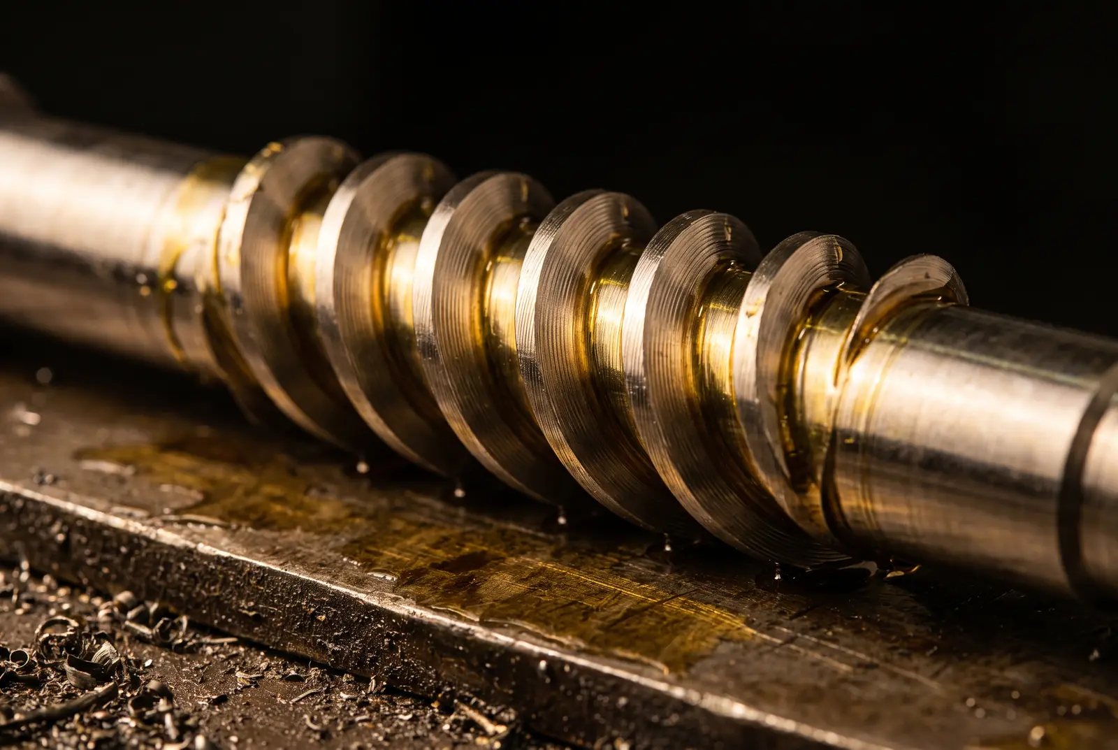 Machined steel worm shaft for an oil expeller with a film of oil on its flights