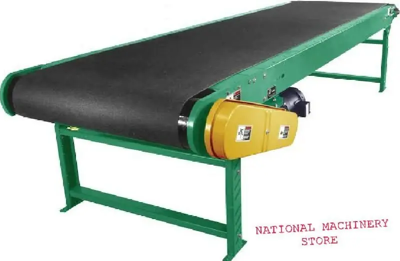 Flat belt conveyor on a green steel frame with geared motor drive